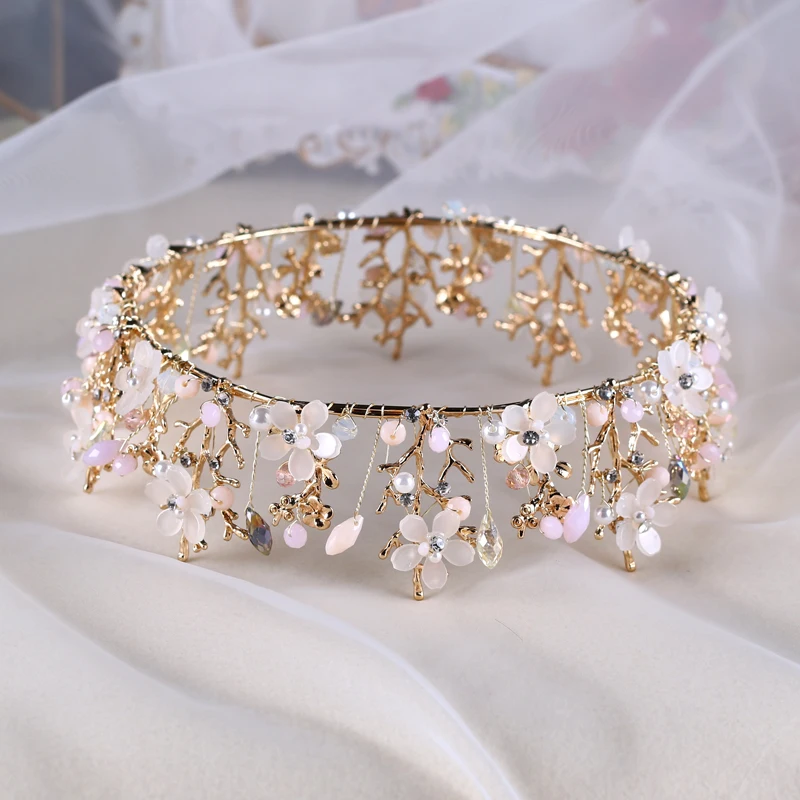 Женская тиара Корона Himstory розовая ручной работы с круглыми цветами свадебная