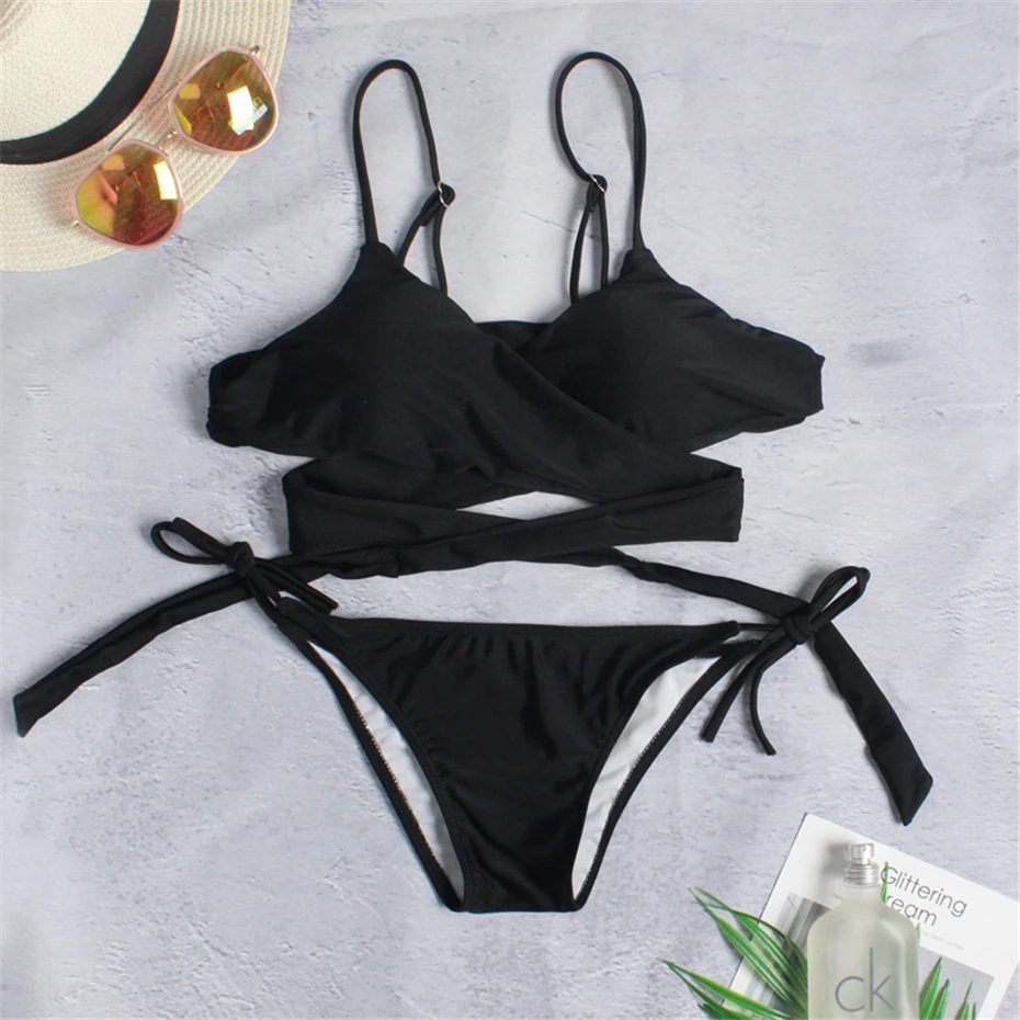 

2020 Sexy Halter Bikinis Women Swimsuit Brazilian Swimwear Cross Belt Bikini Set Beachwear Solid Bathing Suit Swim Wear Biquini