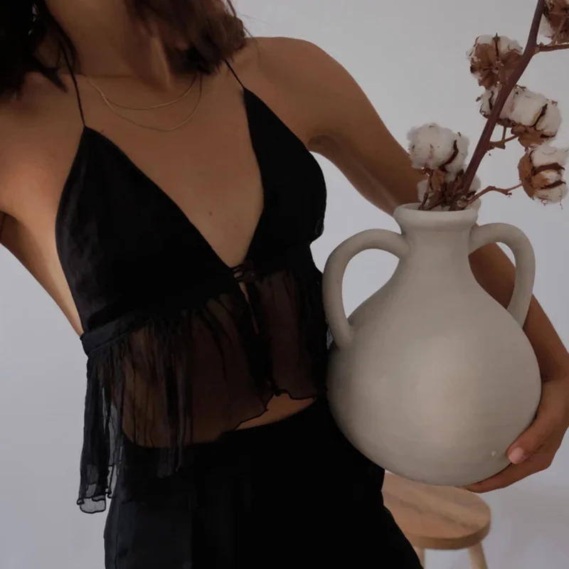 

Women Sexy Cross Halter Sling Tank Top Spaghetti Strap Sleeveless Backless Midriff-baring Black/White Solid Color Crop Top