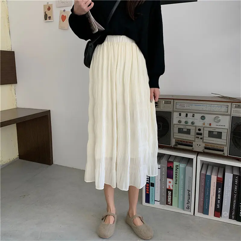 

2021 Elegance Pleated Retro High Waist Solid Elastic-Waist A-Line High Street Office Lady All-Match Women Skirts