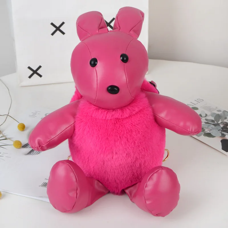 

Cute Plush Rabbit Backpack Leather Fashion Girl Leather Chains Handbag Women's Casual Plush Messenger Bag Girl Gift