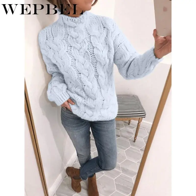 

WEPBEL Women Autumn Winter Loose Knitwear Solid Color Swear Thick Warm Long Sleeve O Neck Knitted Pullover Top
