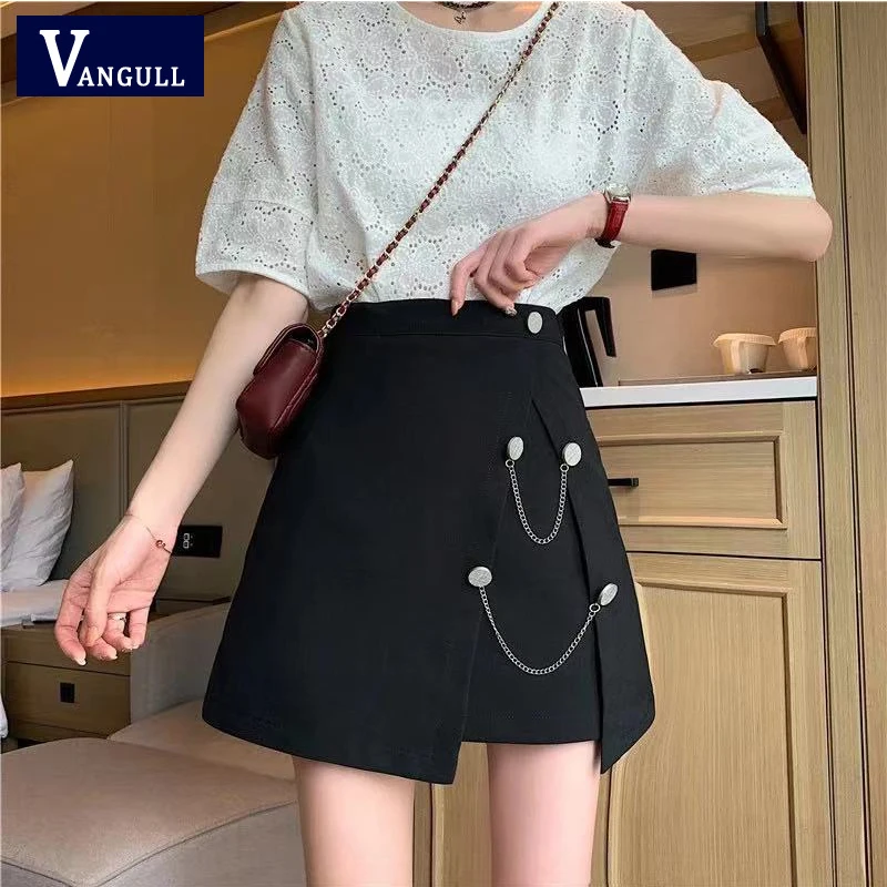 

Vangull Women Skirt Chain Elegant Design High Waist Mini Leisure Stylish Solid 2021 Summer New Female Black Asymmetrical
