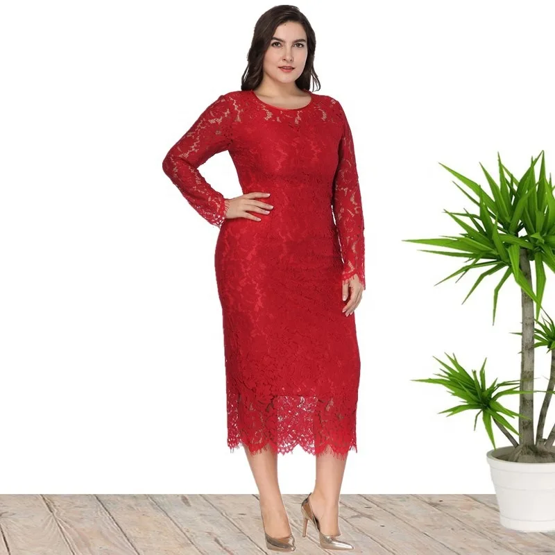 Women Lace Party Dress Plus Size 5XL 6XL 2021 O-neck Transparent Long Sleeve Mid-Length Bodycon Club Prom 4XL Cocktail Gowns