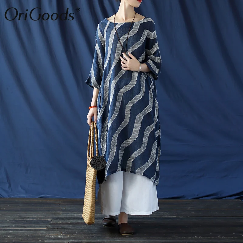 

OriGoods Linen Dress Women Stripe Loose Casual Summer Dress O-neck Navy Blue Striped Autumn Dress For Women Vintage Robe A541