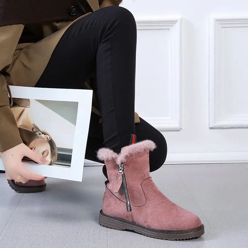 NEW Women Boots Black Pink Leather Boots Plush Snow Boots Fashion Women's Ankle Shoes Size 35 40 Ladies Boots Female Women Shoes