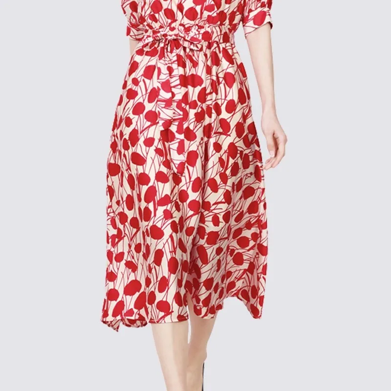 

Chiffon Slim Women's Dress New Casual Fashion Dresses Flower Print V-neck Short Sleeve Mid-length Summer Houthion A-LINE