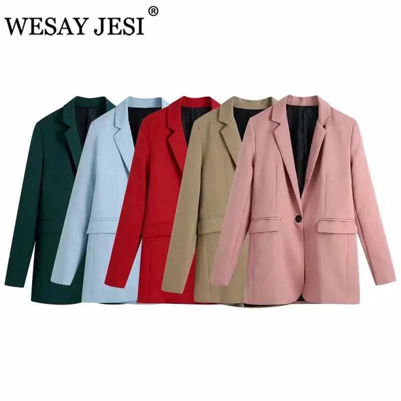 

WESAY JESI Blazer Women Za Woman 2021 Office Wear Single-Breasted Jacket Green Solid Color Long Sleeve Pockets Female Outerwear