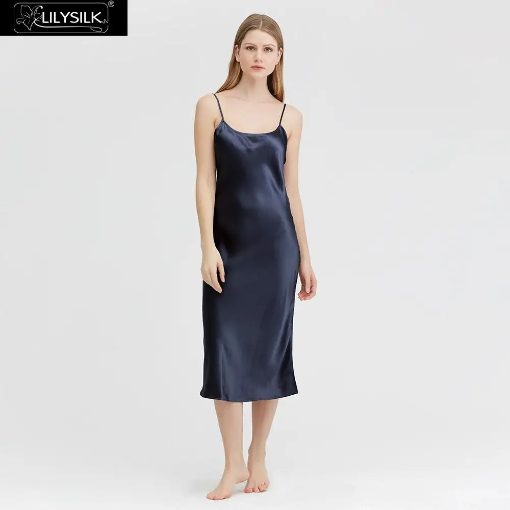 Navy Blue LilySilk Женщин шелковой ночной рубашке шелк сатин ткани полная длина женственный 22 momme ночная сорочка на тонких бретельках Эротическое белье ОДЕЖДА ДЛЯ СНА шелковой - Цвет: Navy Blue