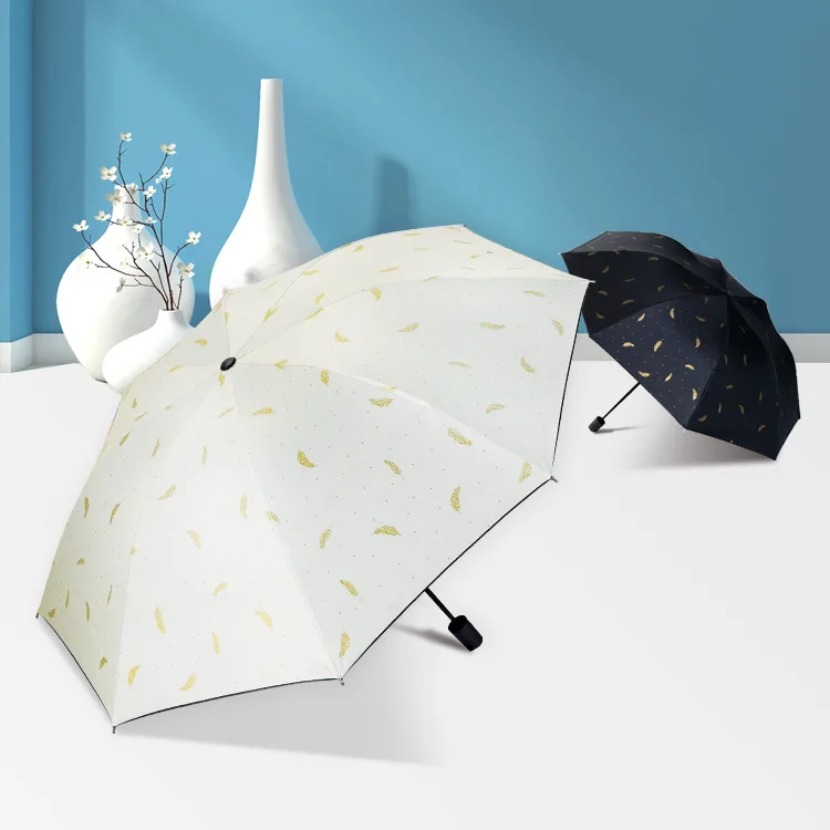 

Umbrellas Manual Bronzing Feather Printed for Women Adult Portable Water Resistant Three-folding Sunny and Rainy Umbrella 97cm