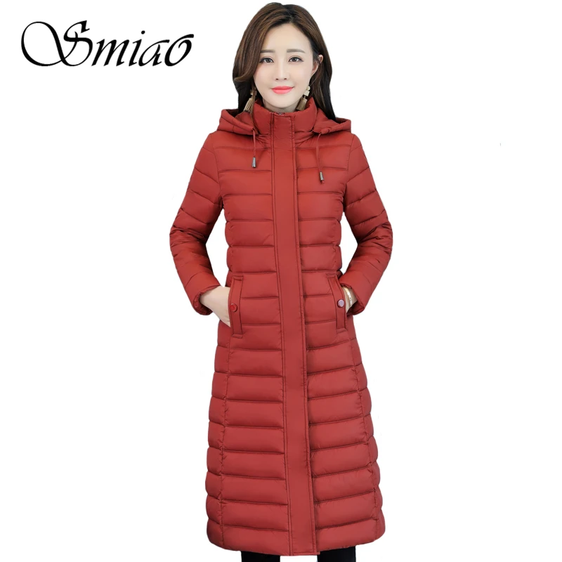 Зимняя женская куртка теплое хлопковое пальто с капюшоном длинная пуховая