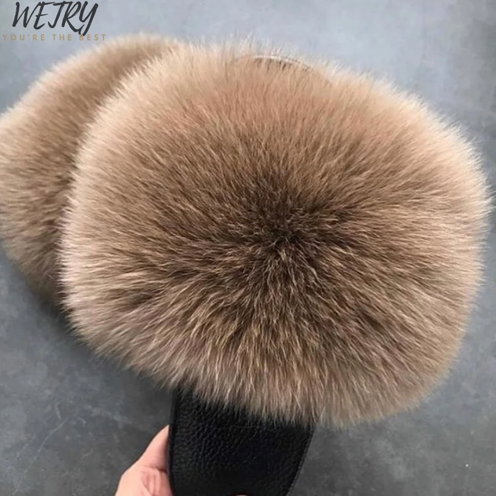 Fox Fur Slides Г., шлепанцы с натуральным лисьим мехом пушистые шлепанцы с мехом лисы Мягкие плюшевые меховые шлепанцы Летняя женская обувь - Цвет: Fox Fur Slides