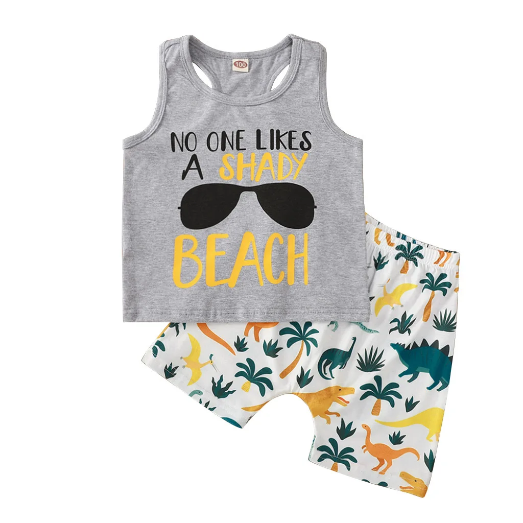 

2021 Summer Children Sets Sleeveless Print Letter Tops Print Dinosaur Shorts Cute Girls Boys Clothes Set 6M-4T