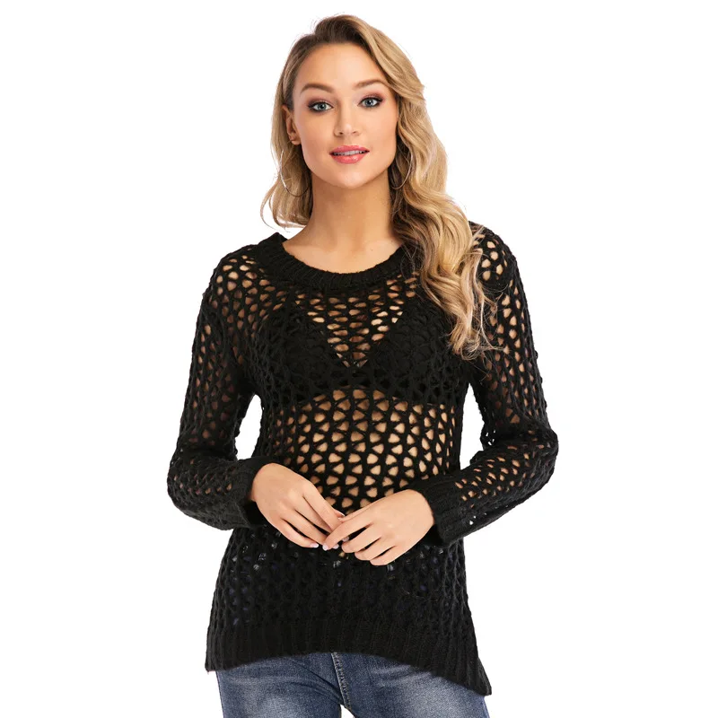Женский прозрачный свитер сетчатые топы вязаные пуловеры с вырезами свитеры