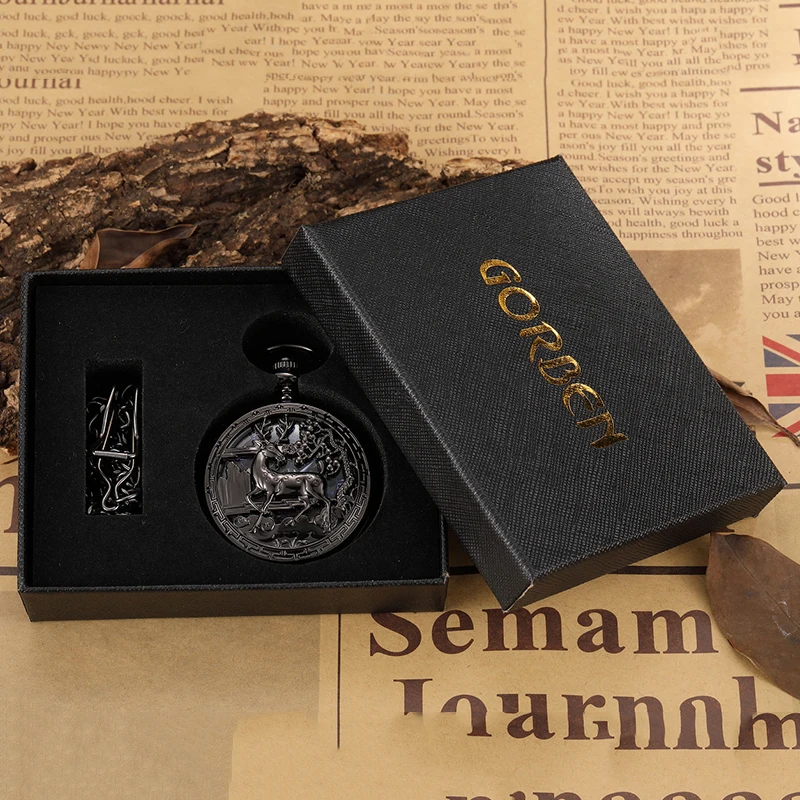 Deer Mechanical Pocket Watch Skeleton Vintage Antique Full Black Case Hollow Animal Engraved Male Fob Chain Clock for Men Women