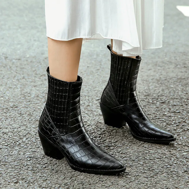 

Spring Autumn Women Boots Square Toe Chelsea Boots Faux Leather High Heel Ankle Boots Slip On Fashion Winter Woman Boots