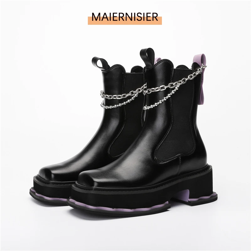 

Брендовые дизайнерские черные женские сапоги с цепочкой, ботинки челси, женская обувь на платформе, женские модные сапоги до середины икры ...