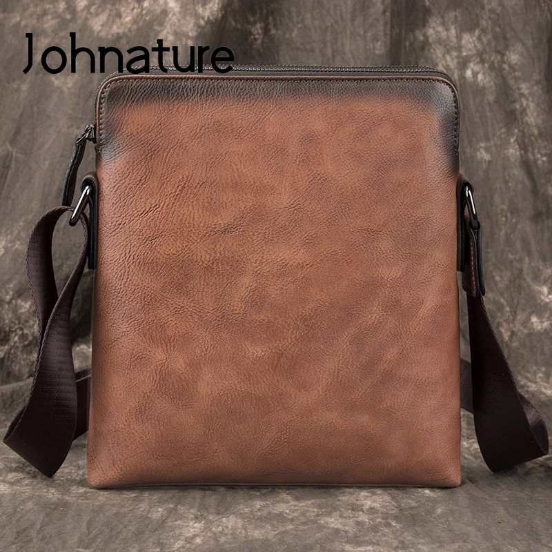 Johnature 2022 New Retro Men Shoulder Bags Genuine Leather Solid Color Business Bag Leisure First Layer Cowhide Messenger Bag