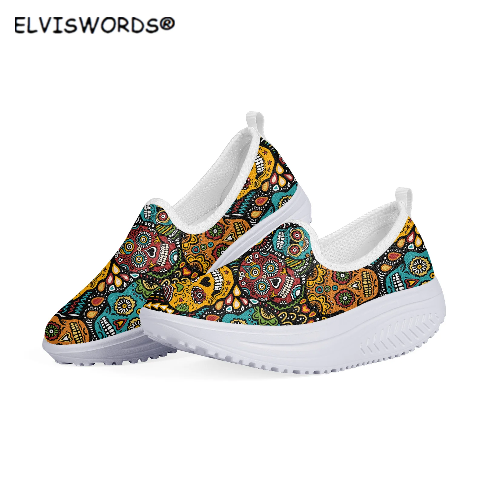

ELVISWORDS Sugar Skull Pattern Comfortable Mesh Swing Shoes for Lady Leisure Ladies Flats Shoes Platform Non-slip zapatos mujer