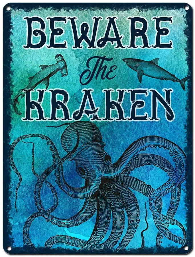 

Warning Sign Beware Kraken Tin Sign Metal Plaque Poster Home Bedroom Club Club House Wall Decoration Plaque Metal Plate 20*30 CM