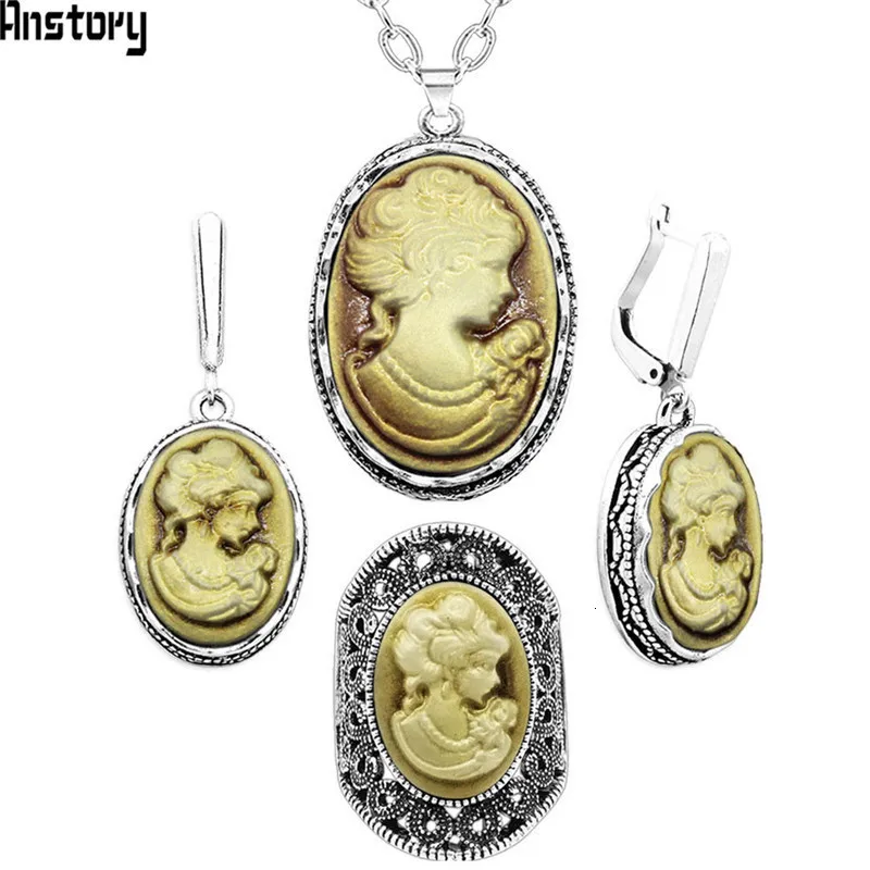 Lady Queen Cameo Jewelry Sets Vintage Necklace Earrings Ring For Women Flower Pendant Fashion Party Fashion Jewelry