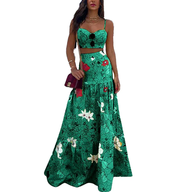 

Women Summer Beach Dress Suit 2021 New Fashion Strapless Tops+High Waist Long Floral Skirt Two Piece Set Casual Streetwear