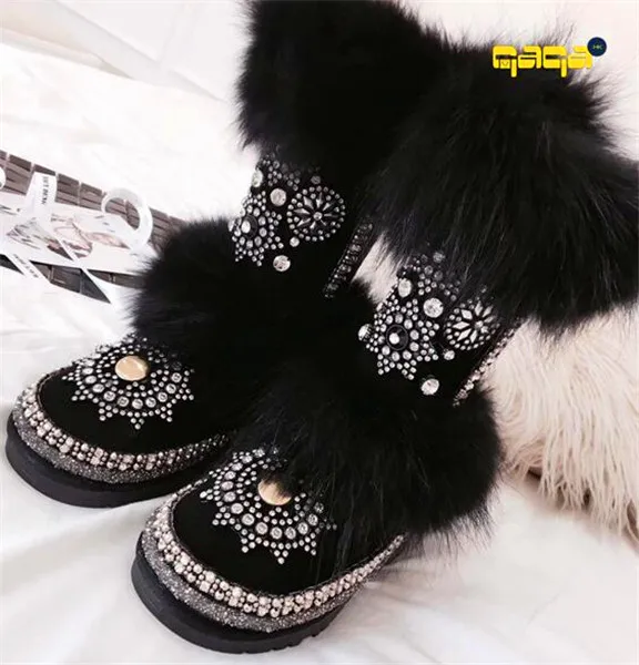 Зимние ботинки из кожи и вельвета с толстым лисьим мехом женские ручной работы