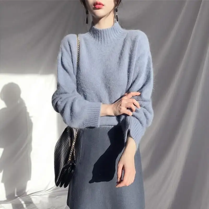 Korean Mink Cashmere Oversized Sweaters Elegant Solid Hairy Knitted Pullovers Casual Harajuku Loose Turtleneck 2019 | Женская одежда