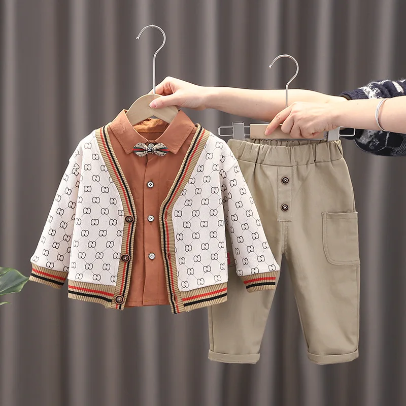 Ropa Infantil para ni&ntilde;o, traje de primavera para ni&ntilde;o peque&ntilde;o, ropa de primavera y oto&ntilde;o para beb&eacute;, c&aacute;rdigan de punto guapo, traje de tres piezas-0