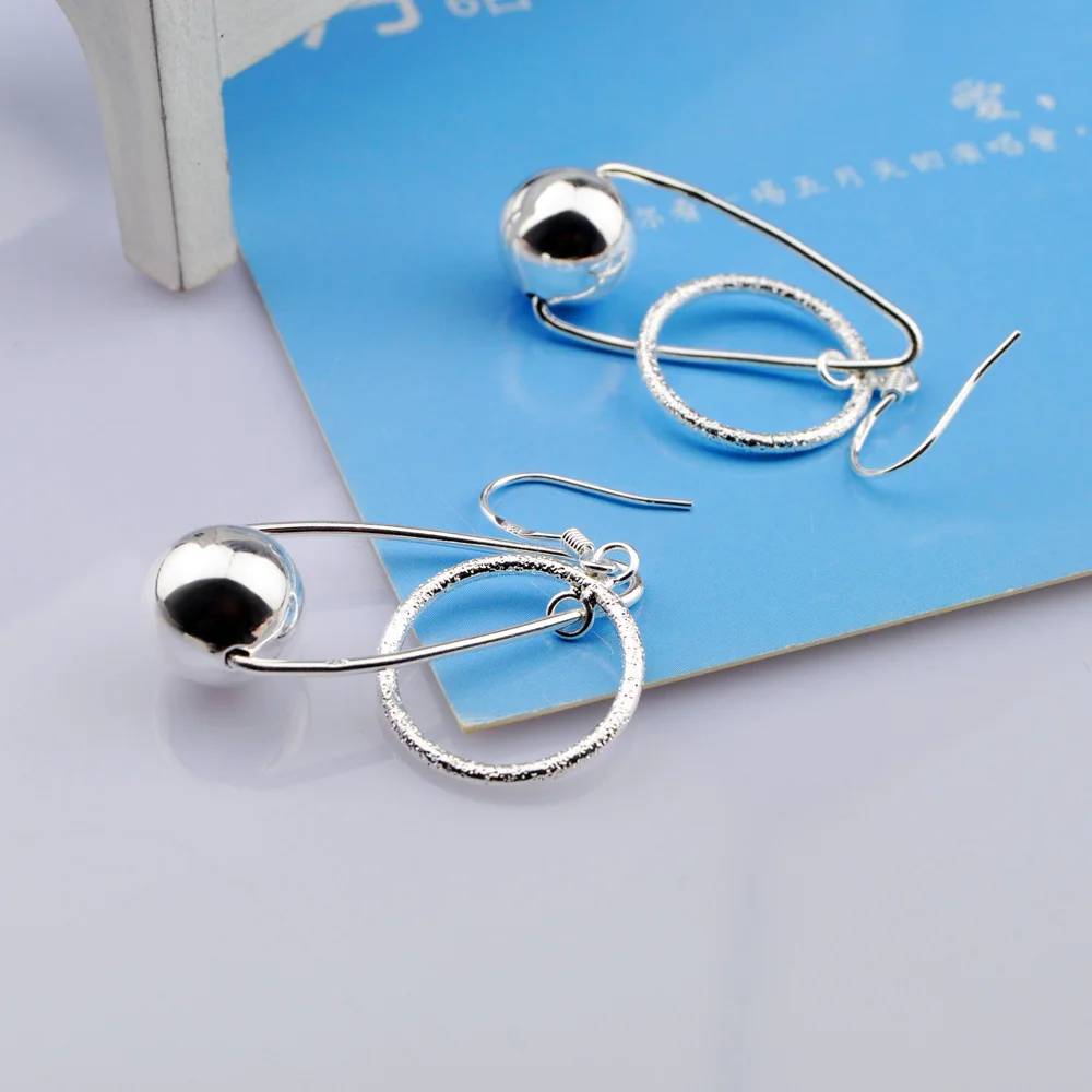 Женские серьги подвески из чистого серебра круглые с бусинами серебряные для