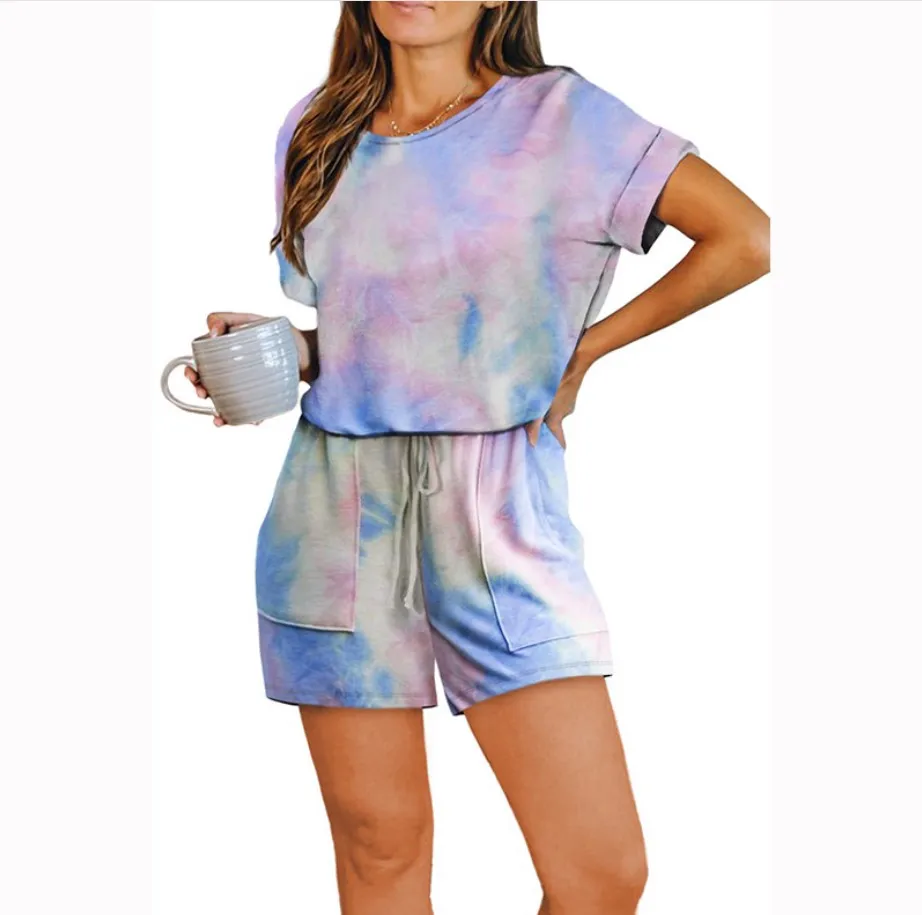 

Tie-dye Print Pocket Pyjama Sleepwear Women Summer Cozy Casual Short Onesies Loungewear Homewear Ladies Nightwear 2020 Summer