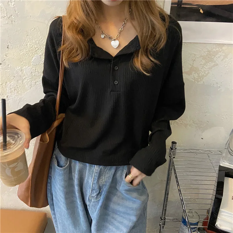 

2021 Spring New Korean Loose Ribbed Tshirts Top Stripe Short Knitted Long Sleeve T Shirt Women Casual Button Tees Streetwear