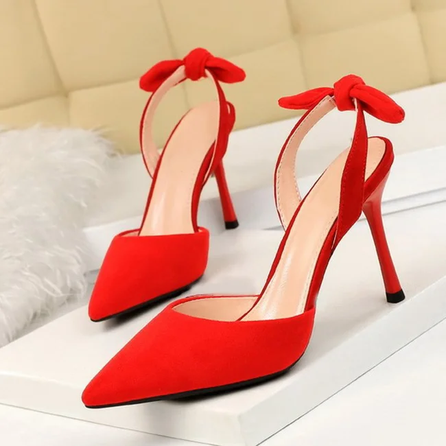 Boussac Elegant Bowtie Slingback High Heel Women Pumps Sexy Pointed Toe High Heels Ladies Shoes Suede Thin Heel Party Shoes B233