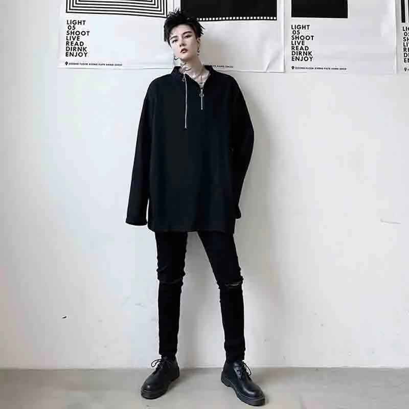 

Slit sweater design side standing collar double autumn loose men's 2020 zipper long sleeve large Pullover coat