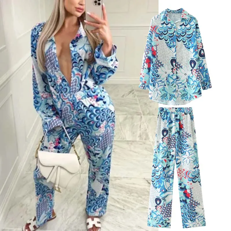 

Женские костюмы Klkxmyt ZBZA, блузка с синим принтом + брюки с широкими штанинами и высокой талией, винтажные комплекты из 2 предметов, Женский Осе...