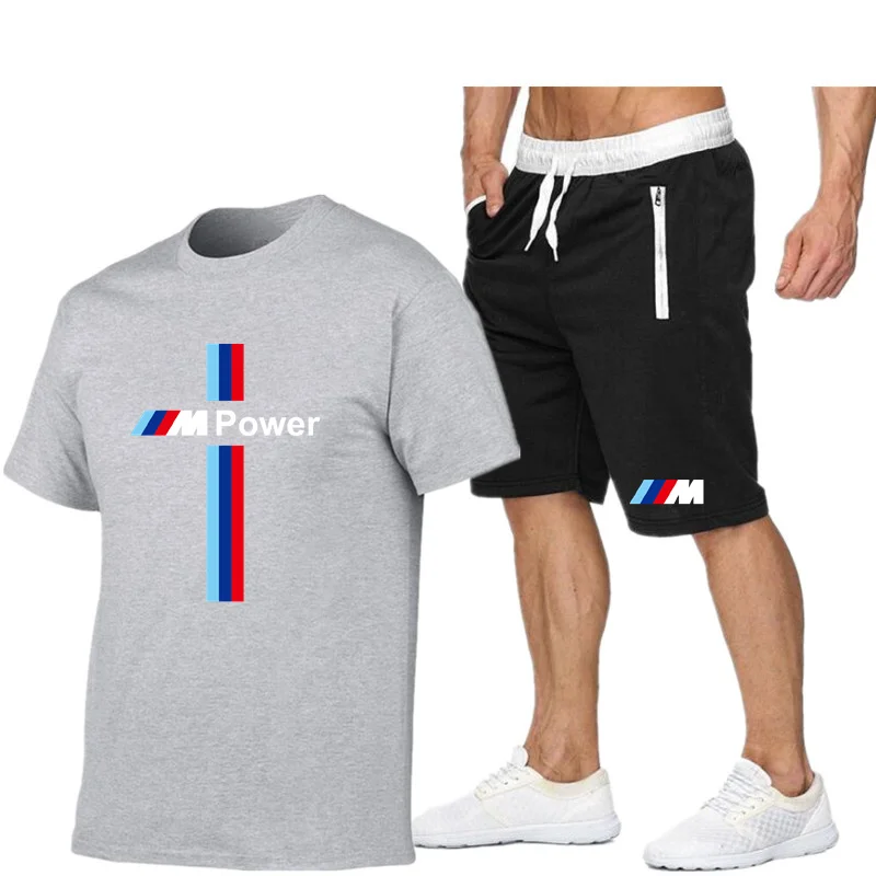 

Hot-selling BMW M short-sleeved shorts T-shirt sports suit couple fitness leisure outdoor training 2-piece set S-2XL
