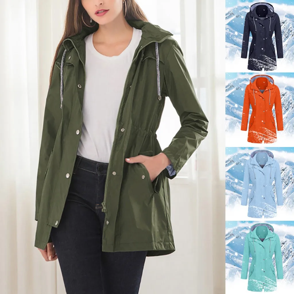 

Hooded Outdoor Rain Waterproof Women Raincoat Solid Hoodie Tops Jacket Windproof Women's Coat