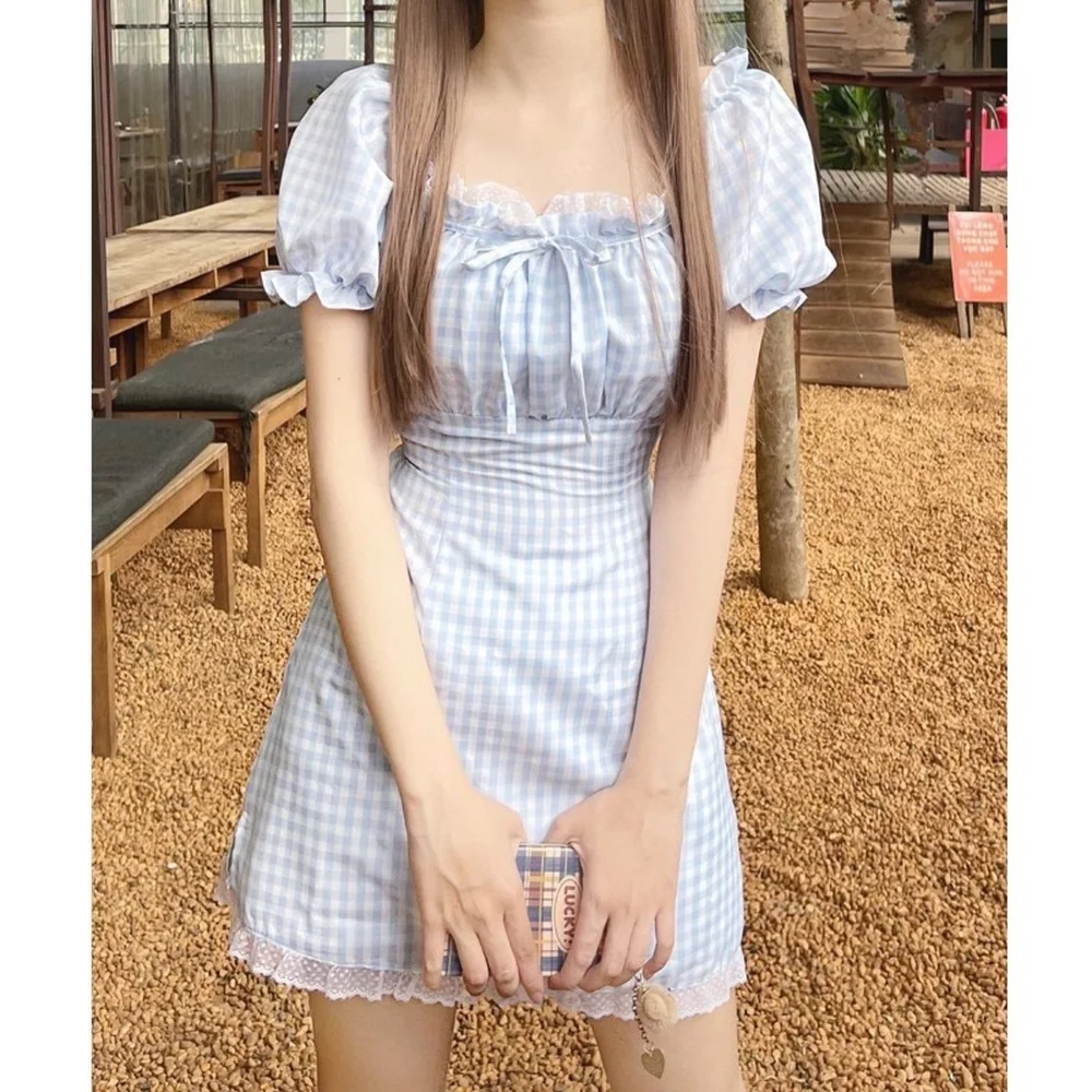 

Кавайная одежда в японском стиле, мягкое летнее Новое милое клетчатое платье с оборками и пышными рукавами для женщин