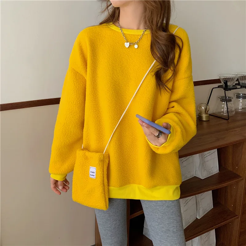 Women Harajuku Solid Sweatshirt with Bag Long Sleeve Hoodie Pullover Cotton Loose Hoodies Kawaii Sweetshirt for Girls Tracksuit