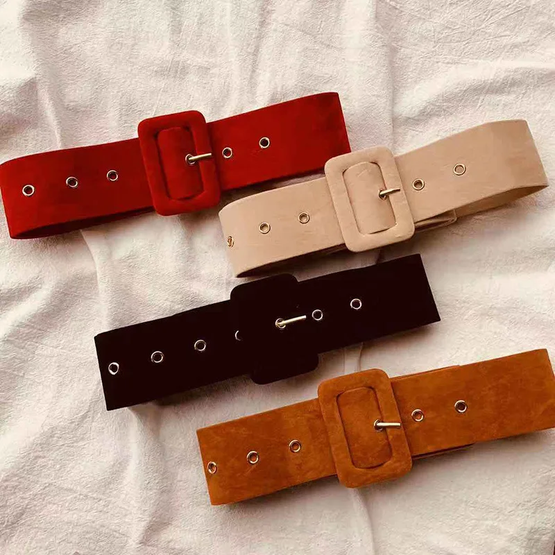 

New Women's Wide Waist Seal All-match Women's Soft Deerskin Velvet Square Buckle Fashion Decoration Eyelet Wide Belt