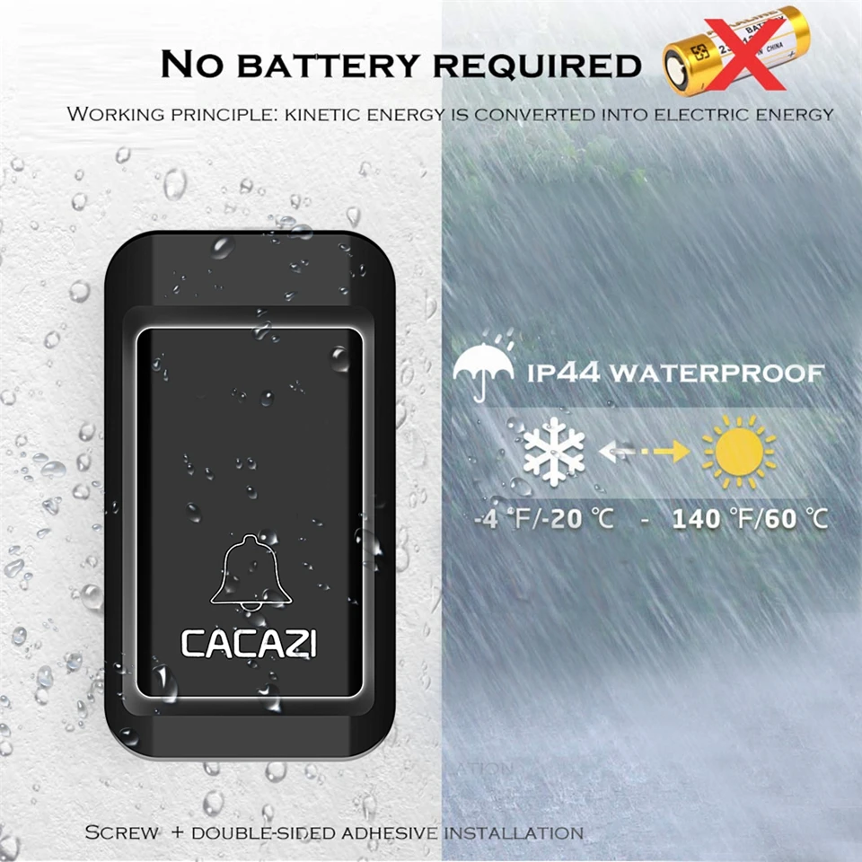 CACAZI Self-powered Wireless Doorbell No Battery Required 1 Button 4 Receiver Waterproof Home Door Ring Bell US EU UK AU Plug |