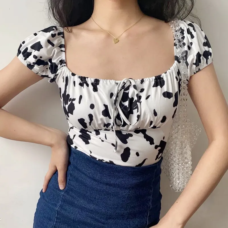 

Niche Cow Print Chest Bandage Bubble Sleeve Collar Shirt