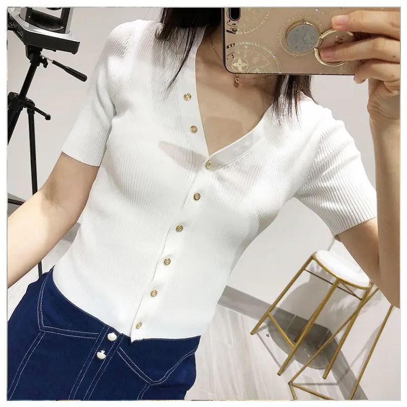 

My fair lady ice silk short sleeve top summer 14 needle thread Sweater Girl thin cardigan