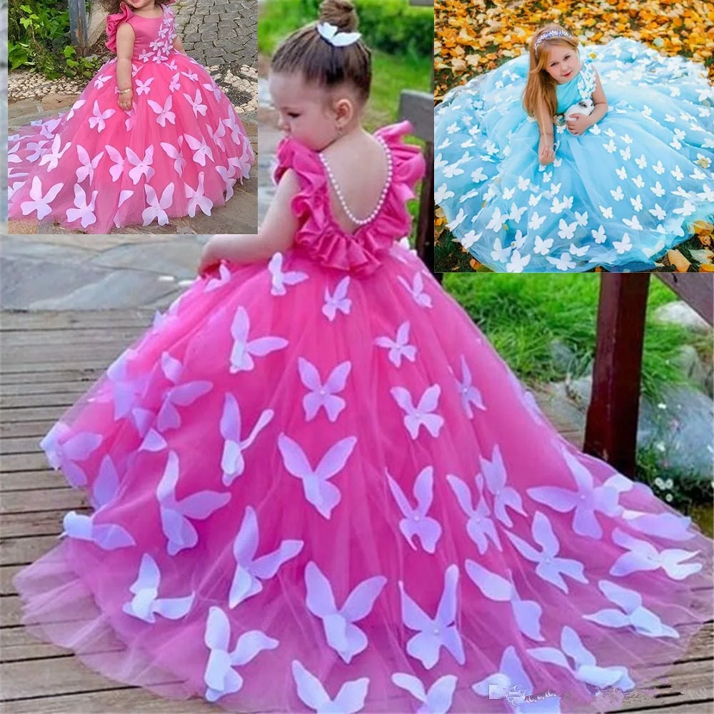 

Colorful Hot Pink Blue Flowers Tulle A Line Girls Flower Girl Dresses Girls Birthday New Year Party Dresses With Train