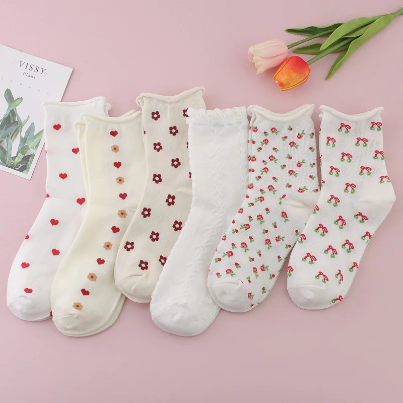 

6 Pieces=3 Pairs/Pack Cute Women Socks Funny Heart Flower Printed Korean Style Female Socks TJ3063