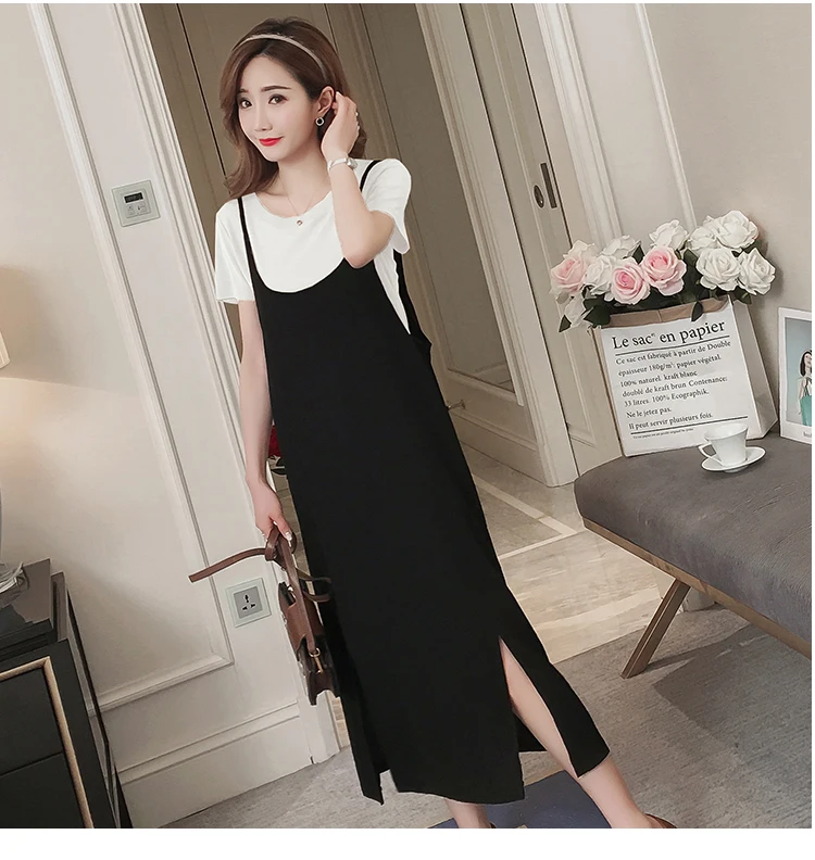 1927# 2PCS/Set Summer Korean Fashion Maternity Long Dress Sexy Sweet Side Splits Sling Dress for Pregnant Women Pregnancy Shirt