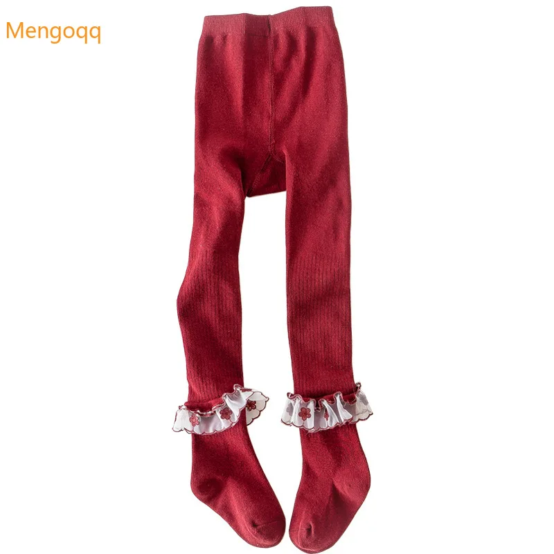 

Autumn baby girls lace pantyhose kids solid casual leggings princess cotton ruched bottoming pants toddler children tights 0-8Y