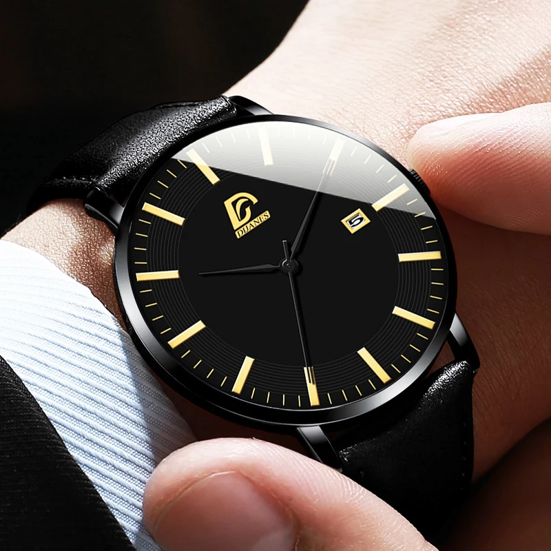 

DIJANES Mode Herren Minimalistischen Uhren fur Manner Casual Leder Quarz Armbanduhr Einfache Mannliche Datum Kalender Uhr Reloj