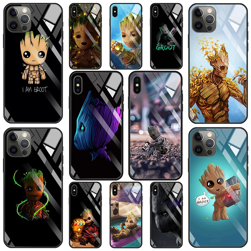 

Tempered Glass Phone Case For iPhone 13 11 12 Pro Max 13 12 Mini 7 8 6 6S Plus XS XR X Fundas I Am Groot Marvel Cartoon
