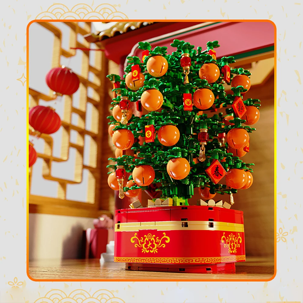 

666pcs Children Assembling Building Block Toys New Year Decoration Tree Building Blocks Big Orange Tree Light Music Box Toy
